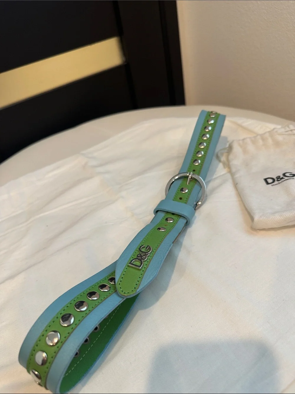Vintage D&G Dolce & Gabbana Green Blue Studded Leather Belt